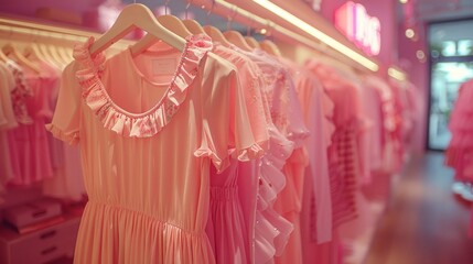 Women's summer clothes in pink tones on hangers in a store
