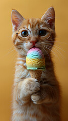 gatto tigrato arancione con occhiali da vista che lecca un gelato a cono arcobaleno di tutti i colori su sfondo giallo