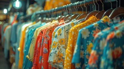 Floral summer dresses displayed in a store - obrazy, fototapety, plakaty