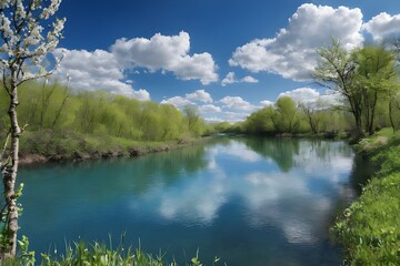 Spring, river, beautiful blue sky