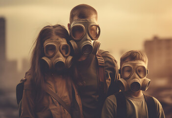 Portrait of family wearing respiratory gas masks. Post apocalyptic scene, city in ruins background