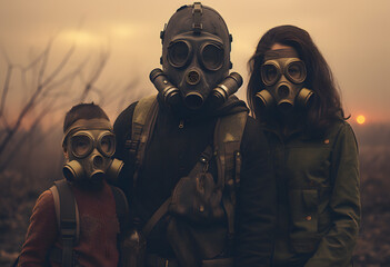 Portrait of family wearing respiratory gas masks. Post apocalyptic scene, city in ruins background - obrazy, fototapety, plakaty