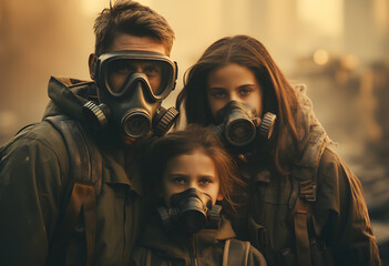 Portrait of family wearing respiratory gas masks. Post apocalyptic scene, city in ruins background - obrazy, fototapety, plakaty