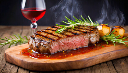 Grilled steak on a dark wooden board with red wine and greens