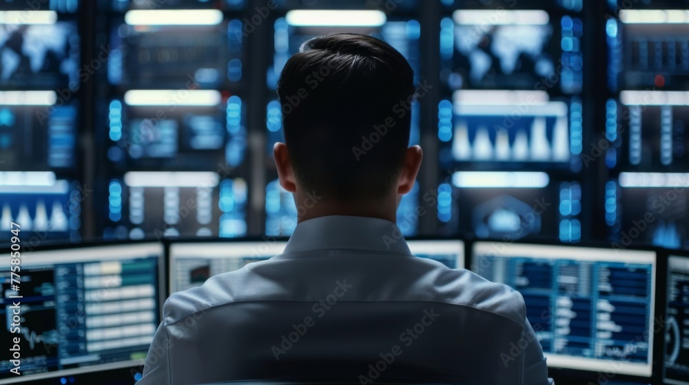 Aufkleber Man Sitting in Front of Multiple Computer Monitors