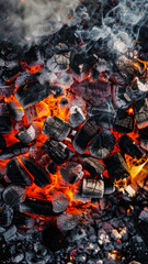 Flat lay of burning coals perfect backdrop for background design or wallpaper and barbecue invitation, vertical poster