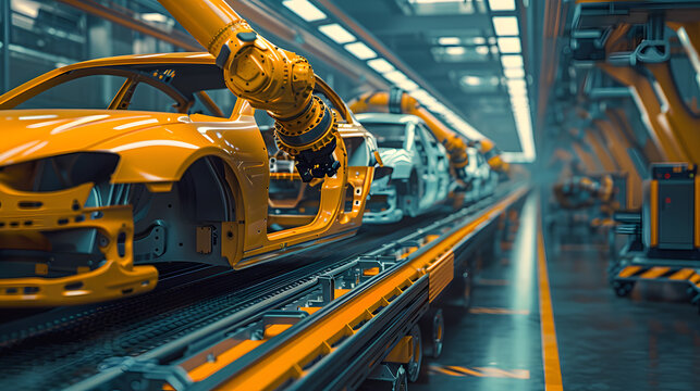 showcasing a multitude of robot arms constructing cars in a futuristic factory, with engineers collaborating with intelligent AI systems.