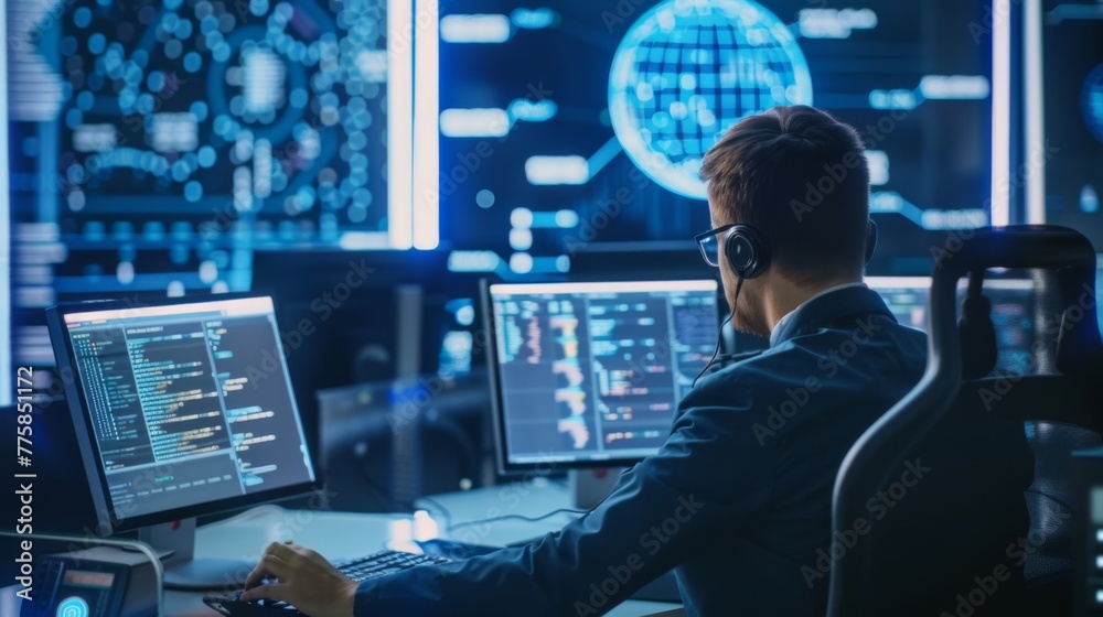 Poster Man Sitting at Desk With Three Computer Monitors