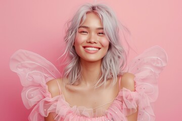 Radiant Young Pacific Islander Woman with a Joyful Smile in a fairy costume pink background