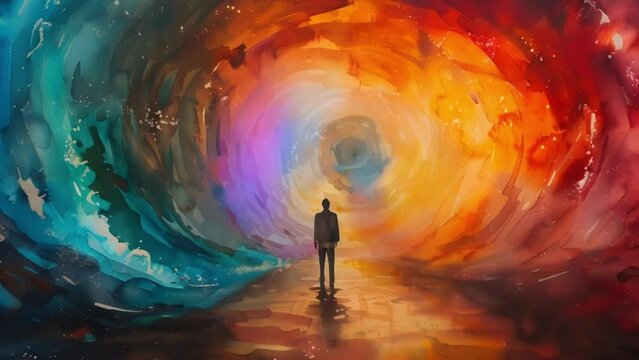 A watercolor painting of a person surrounded by swirling waves of light symbolizing the ebb and flow of energy within the body and the power of visualization in activating