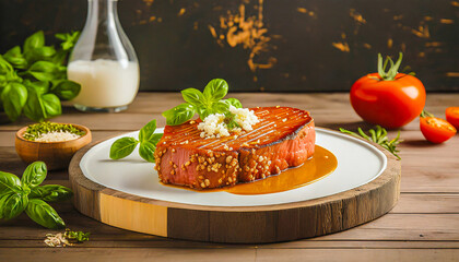 Grilled entrecôte steak on a dark wooden board