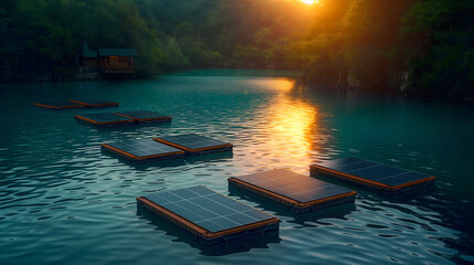 Landscape aerial view of a lake with floating solar panels.green energy concept.