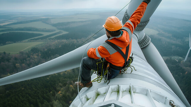 Engineer repairing a wind turbine, aerial view.Wind energy concept