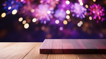 Fireworks Lunar New Year in the sky with an empty wooden table top for product placement mockup...