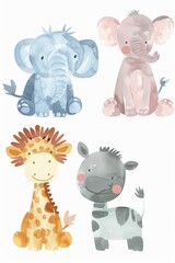 Watercolor cute illustration of cartoon tropical animals on white background