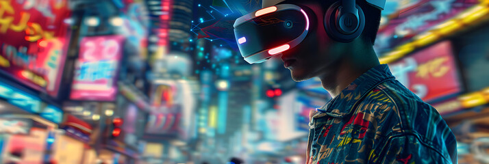 Obraz na płótnie Canvas Man wearing VR glasses in virtual reality A Teenage Boy Explores the City of the Metaverse in Virtual Reality Glasses extreme closeup.