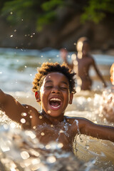 Happy Child Laughing with Joy While Playing in Sunlit Outdoor Water on Summer Day