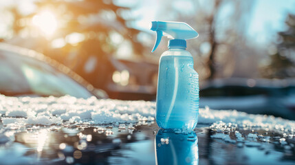 A blue spray bottle rests on a snowy car hood, highlighting an association between car care products and winter maintenance