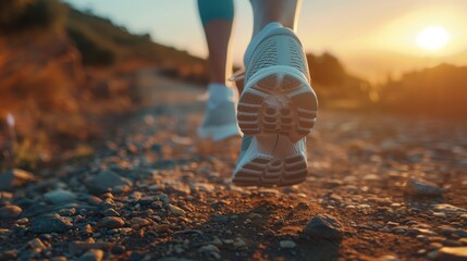 Close-up of an athlete's feet walking, with a focus on the running shoes at sunset. The perspective is low and close to the ground, highlighting the details and texture of the shoes and the surface.