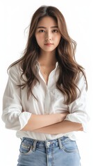 Obraz premium Young Asian woman in white shirt isolated on white background.