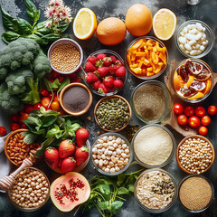 Bowls with healthy balanced vegan food ingredients, top view