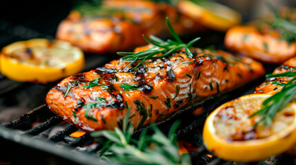 grilled salmon steak with herbs and lemons