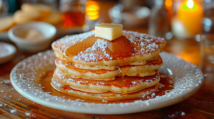 a stack of delicious pancakes topped with maple syrup and other toppings