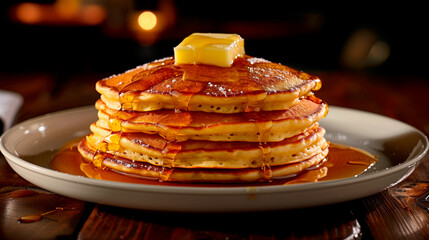 a stack of delicious pancakes topped with maple syrup and other toppings