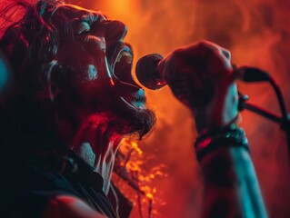 Vocalist belting out lyrics with raw emotion, close-up on the passion and energy of a rock concert