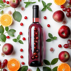 Bottle with berries wine bottle on white background with ingredients: apples and berries. Top view. Flat lay