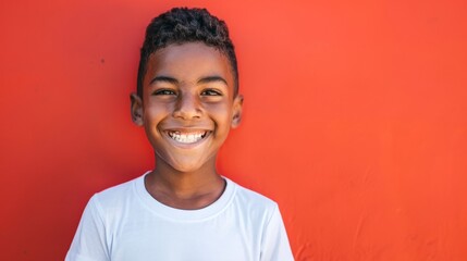 Portrait of happy teen boy in blue t-shirt in studio. Photo of adorable young smiling boy looking at camera on gray background.. Beautiful simple AI generated image in 4K, unique. - obrazy, fototapety, plakaty