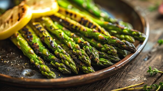 Healthy Gourmet Meal of Grilled Asparagus Spears and Lemon Slices on a Rustic Plate