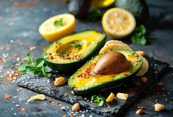 Close up of halved avocado with oil, nuts and spices