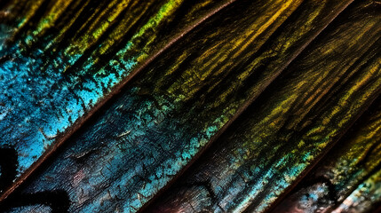 An intricate and colorful pattern adorning the wing of a tropical butterfly, showcasing its bright tones and exquisite complexities in a visually stunning texture.
