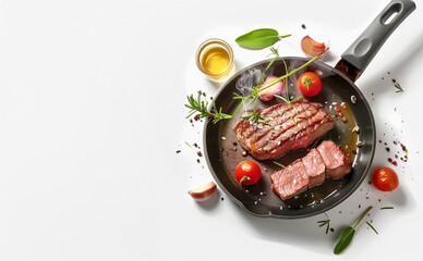 Roasted steak in frying pan on white background with other ingredients, falling herbs and spices , top view. Copy space
