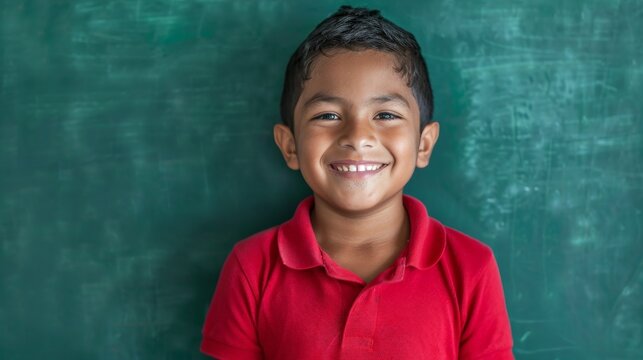 Young Black boy with a bright smile and short curly hair wearing a light green shirt against a vibrant green background. Beautiful simple AI generated image in 4K, unique.