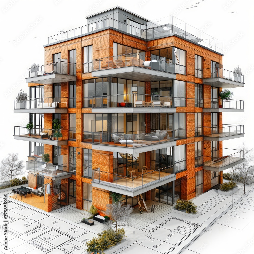 Fototapete residential building architecture project with mock up and blueprints