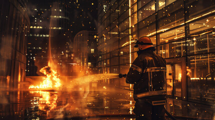 In a display of heroism, a fireman swiftly extinguishes a blaze raging through a business center, using specialized equipment to combat the flames. - obrazy, fototapety, plakaty