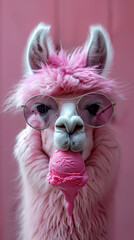 adorabile animale da fattoria lama rosa pelo morbido con occhiali da sole blu mentre mangia un gelato rosa che cola