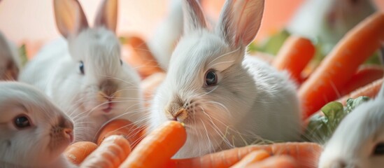 Rabbits munching carrots in a basket