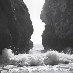 Dramatic Seascape with Crashing Waves in Narrow Rocky Passage