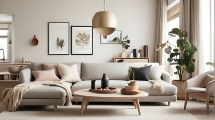Fototapeta na wymiar A Scandinavian-style living room with clean lines, neutral tones, and cozy textures, featuring a statement pendant light fixture 