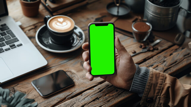 phone with green screen in hand.Mockup image of a woman holding black mobile phone with blank desktop screen while drinking coffee in cafe