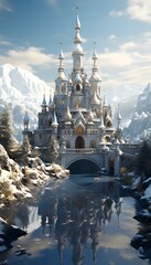 Magic castle in the winter forest. Magical atmosphere. Fairy tale.