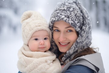 Snowy Snuggles with Mom and Baby in Hats