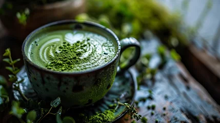 Tuinposter Elegant Latte Art on a Green Matcha Latte, Served in a Stylish Cup on a Rustic Wooden Table © AounMuhammad