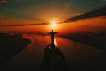 rio de janeiro statue of jesus christ at sunset - obrazy, fototapety, plakaty