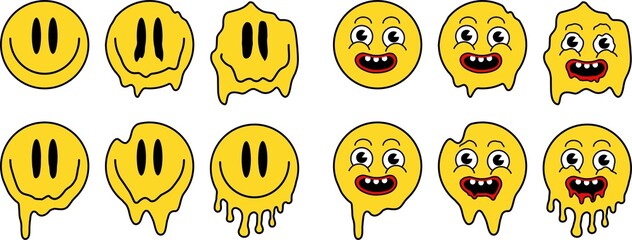 Funny melt smile faces set collection. Melted smiley faces in drippy graffiti style. Cartoon face. Urban graffiti style on transparent background