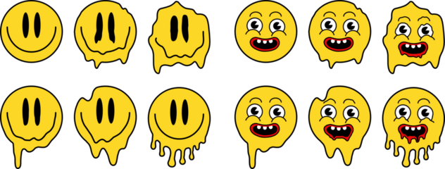 Funny melt smile faces set collection. Melted smiley faces in drippy graffiti style. Cartoon face. Urban graffiti style on transparent background