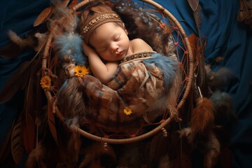 Obraz na płótnie Canvas An Heirloom Dreamcatcher Surrounds a Peaceful Newborn